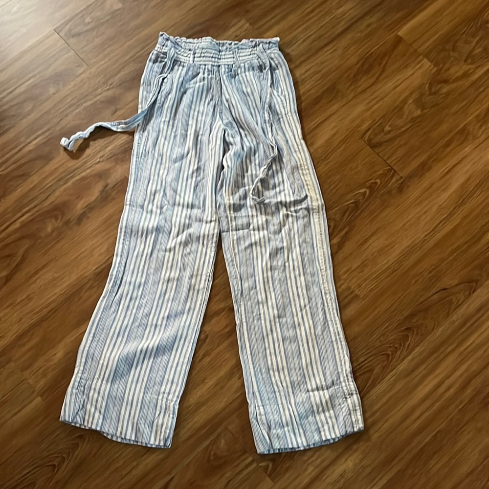 Jolt pants, 55% linen 45% rayon, blue and white striped, size small